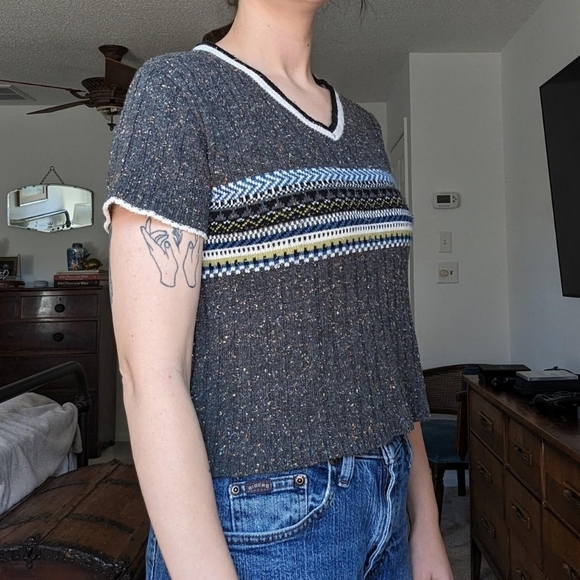 Vintage Y2K V Neck Preppy Speckled Pullover Short Sleeve Sweater - Picture 3 of 5